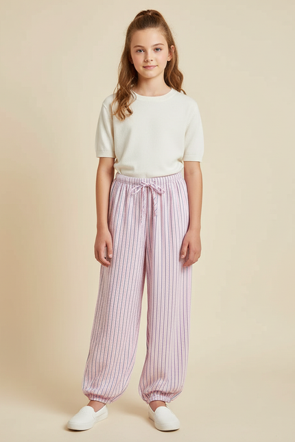 Pantalon Parachute Rose Rayé Ample Cordon Fille - Viscose