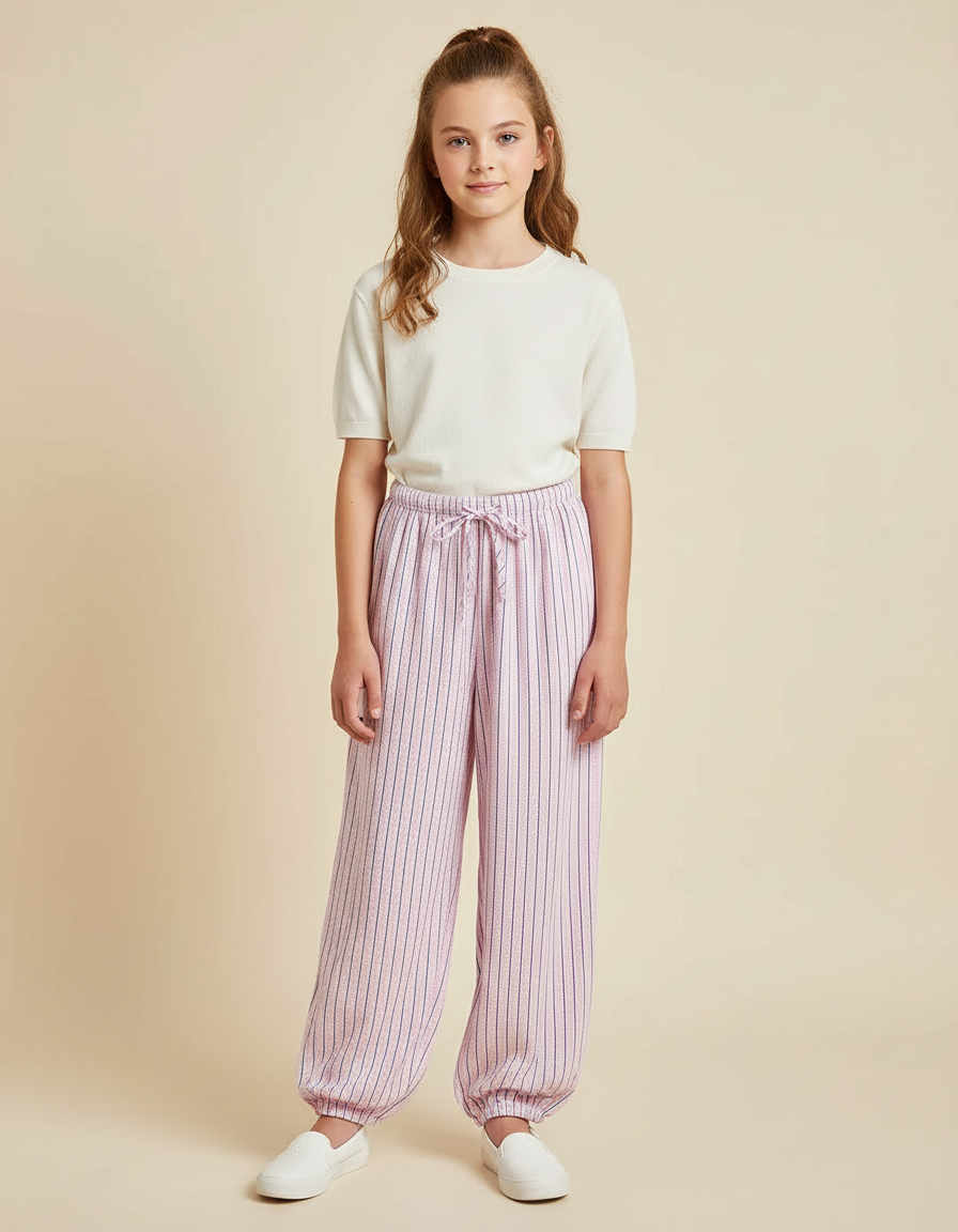 Pantalon Parachute Rose Rayé Ample Cordon Fille - Viscose