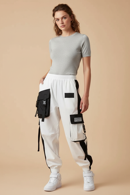 Pantalon Parachute Blanc Cargo Bicolore Techwear - Polyester