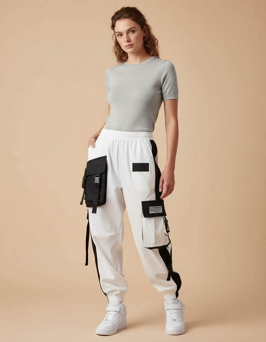 Pantalon Parachute Blanc Cargo Bicolore Techwear - Polyester