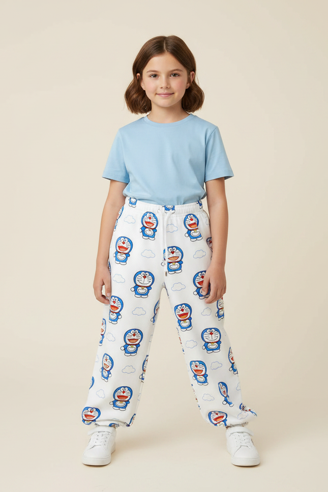 Pantalon Parachute Blanc Ample Doraemon Décontracté Enfant - Imprimé Molleton