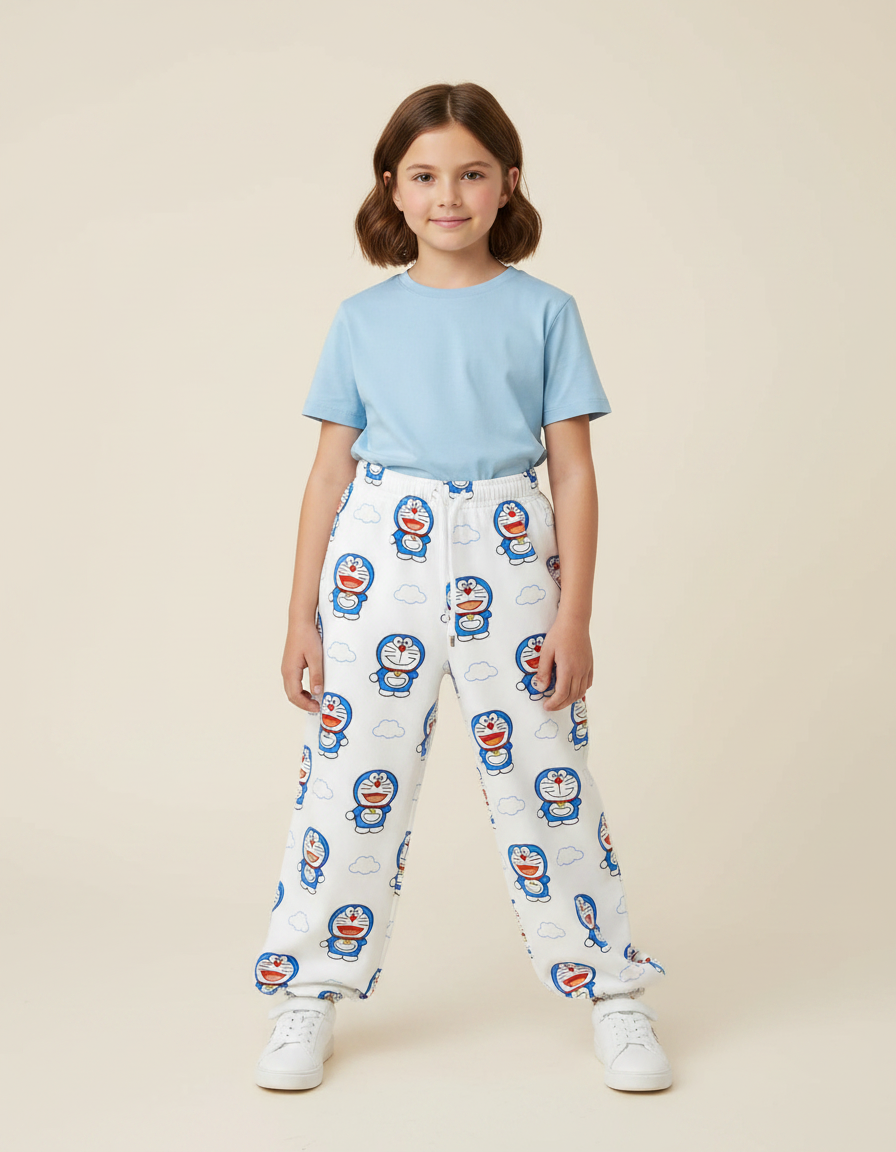 Pantalon Parachute Blanc Ample Doraemon Décontracté Enfant - Imprimé Molleton