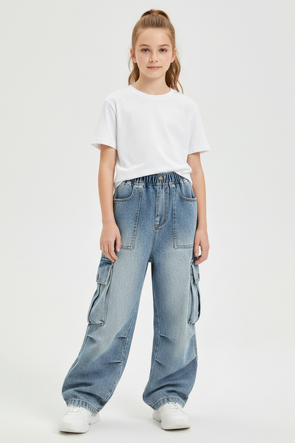 Pantalon Parachute Jean Ample Cargo Fille Décontracté - Bleu
