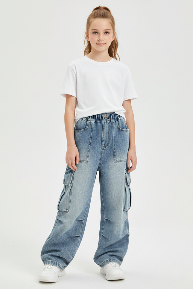 Pantalon Parachute Jean Ample Cargo Fille Décontracté - Bleu