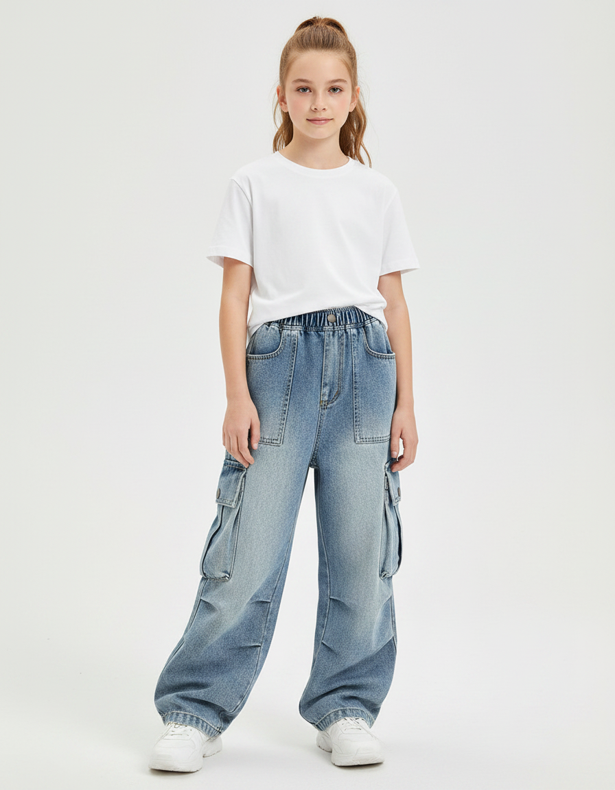 Pantalon Parachute Jean Ample Cargo Fille Décontracté - Bleu