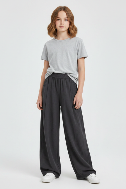 Pantalon Parachute Gris Ample Fluide Fille Décontracté - Polyester