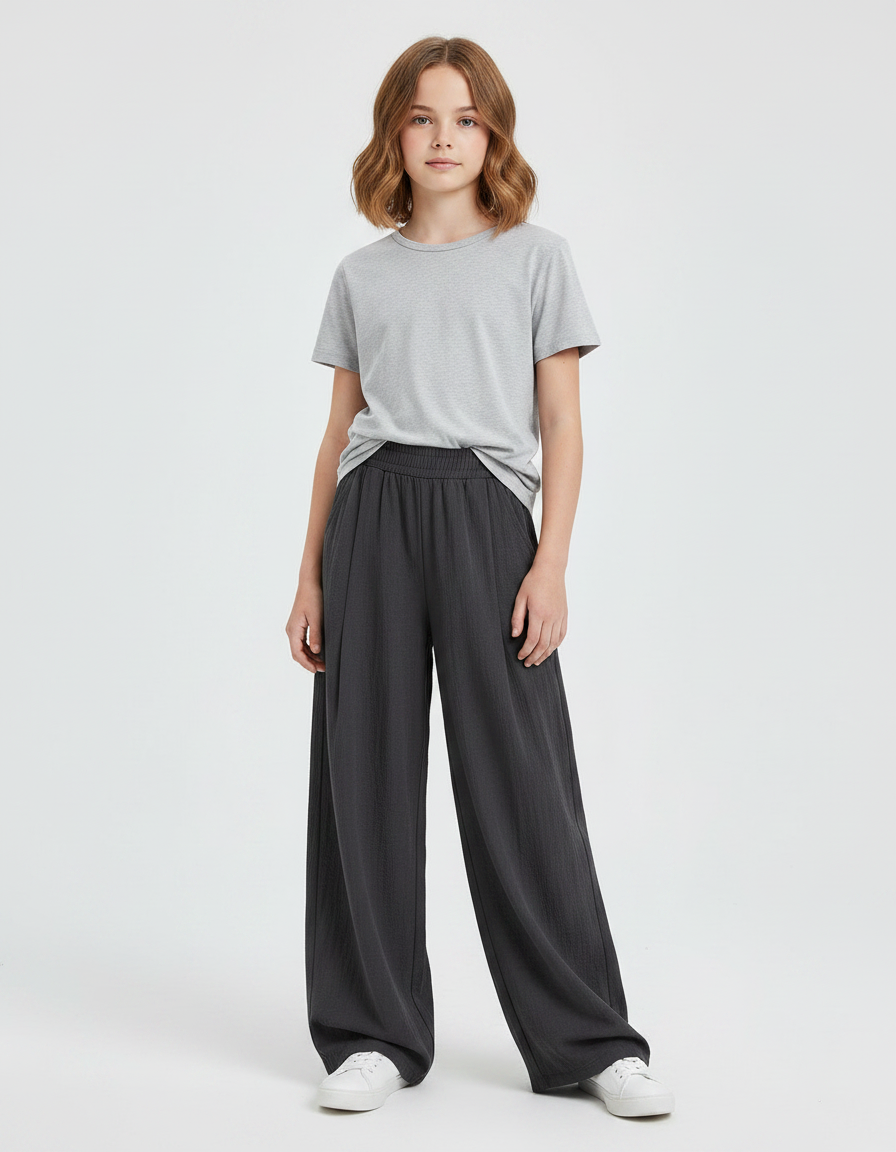 Pantalon Parachute Gris Ample Fluide Fille Décontracté - Polyester