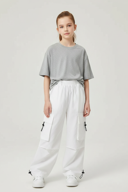 Pantalon Parachute Blanc Cargo Ample Casual Fille - Toile
