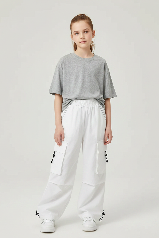 Pantalon Parachute Blanc Cargo Ample Casual Fille - Toile