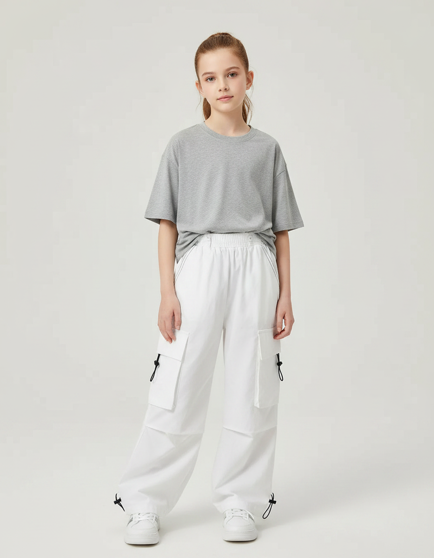Pantalon Parachute Blanc Cargo Ample Casual Fille - Toile