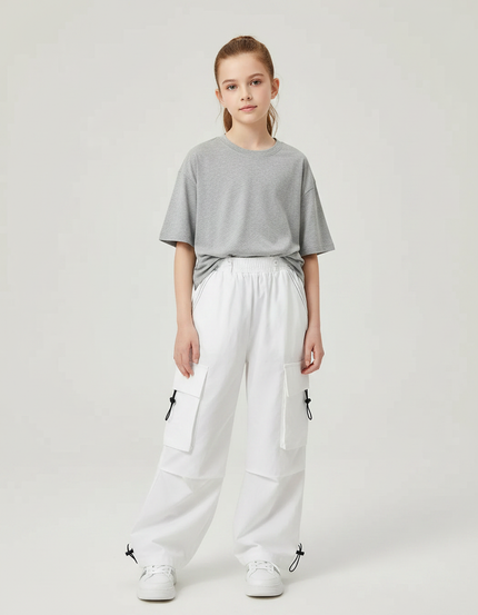 Pantalon Parachute Blanc Cargo Ample Casual Fille - Toile