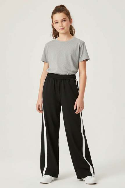 Pantalon Parachute Noir Ample Rayures Blanches Fille - Polyester