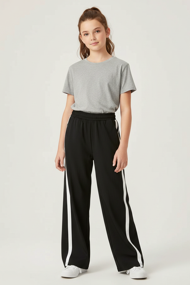 Pantalon Parachute Noir Ample Rayures Blanches Fille - Polyester