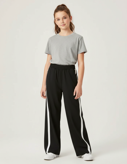 Pantalon Parachute Noir Ample Rayures Blanches Fille - Polyester