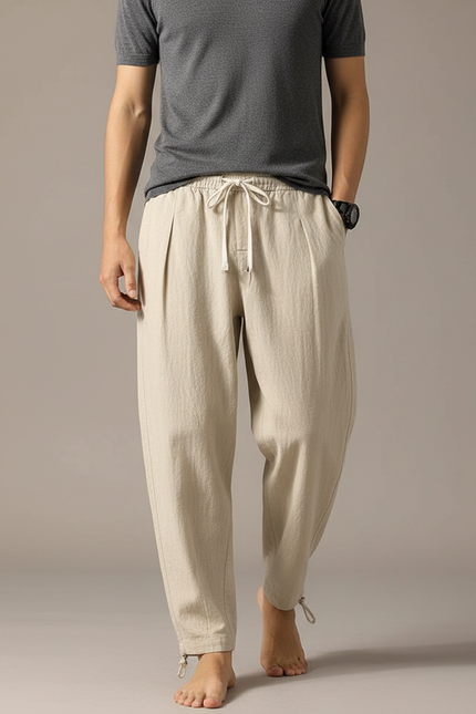 Pantalon Parachute Beige Ample Coton Lin Homme