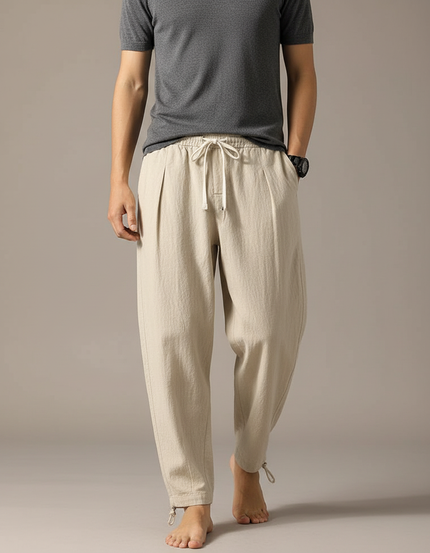Pantalon Parachute Beige Ample Coton Lin Homme