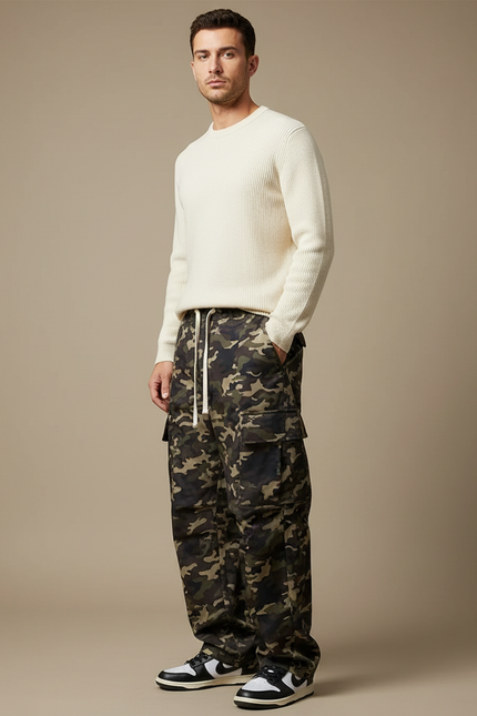 Pantalon Parachute Camouflage Ample Cargo Multi-Poches Homme - Multicolore Coton