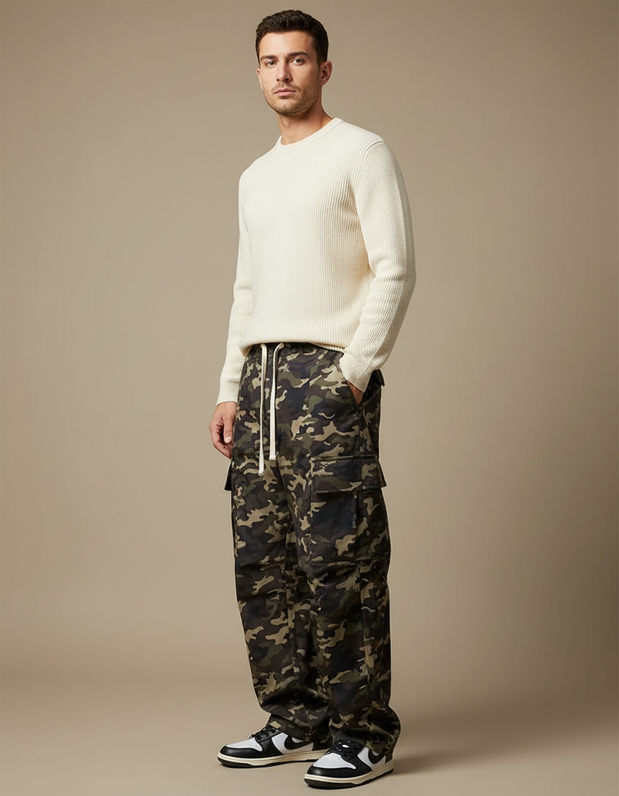 Pantalon Parachute Camouflage Ample Cargo Multi-Poches Homme - Multicolore Coton