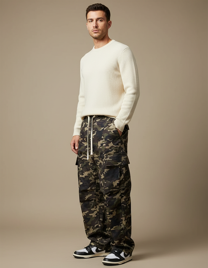 Pantalon Parachute Camouflage Ample Cargo Multi-Poches Homme - Multicolore Coton