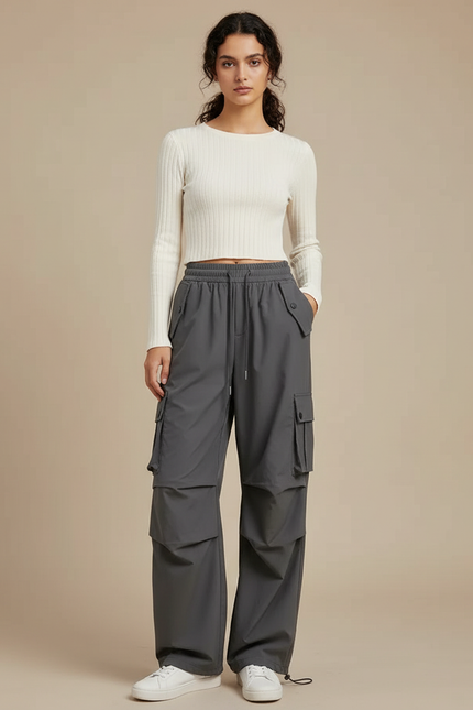 Pantalon Parachute Gris Femme Cargo Ample Droite Décontracté - Polyester