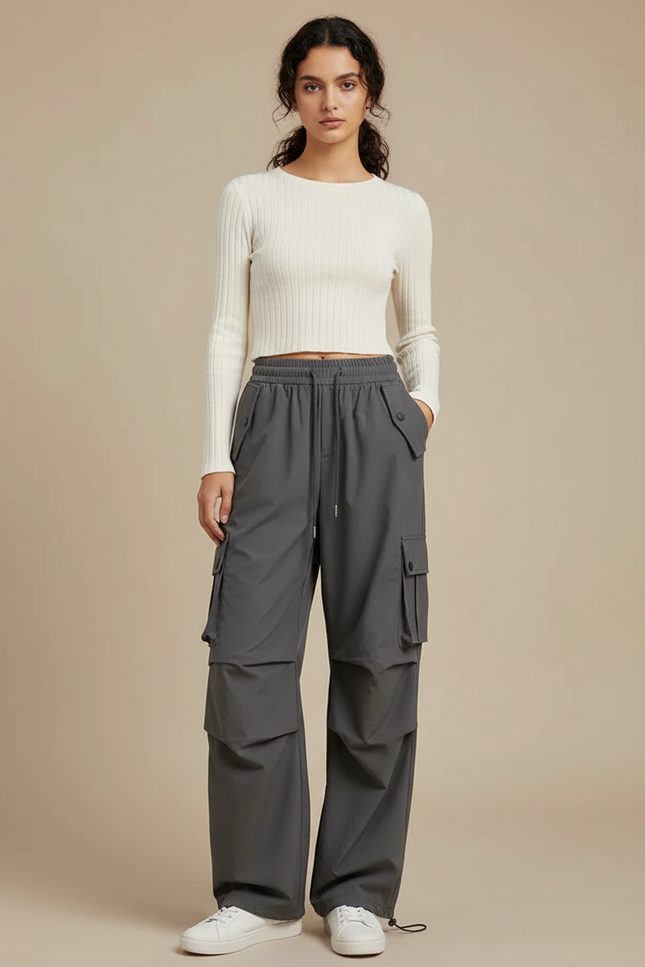 Pantalon Parachute Gris Femme Cargo Ample Droite Décontracté - Polyester