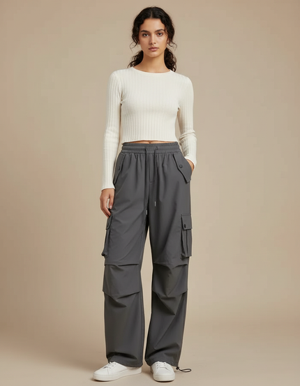 Pantalon Parachute Gris Femme Cargo Ample Droite Décontracté - Polyester