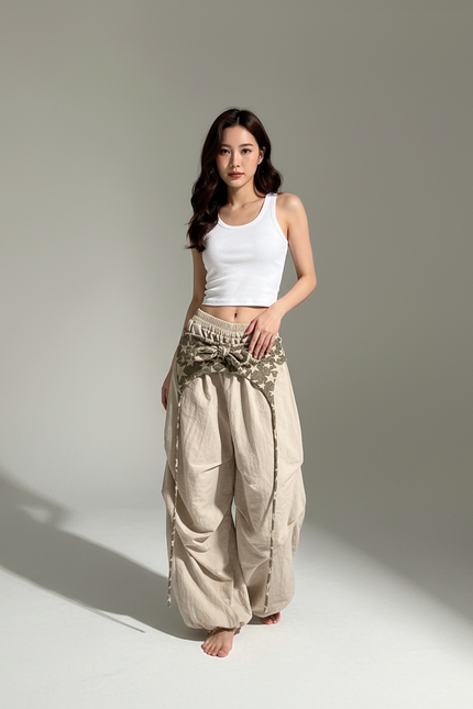 Pantalon Parachute Beige Ample Lin Décontracté Motif