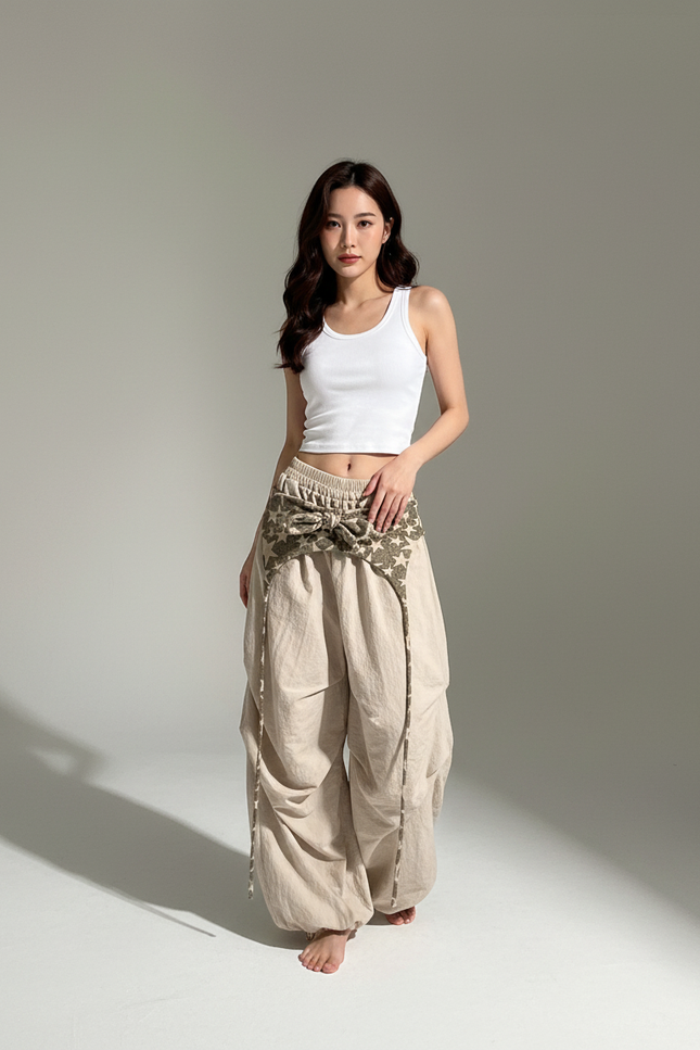 Pantalon Parachute Beige Ample Lin Décontracté Motif