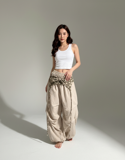 Pantalon Parachute Beige Ample Lin Décontracté Motif