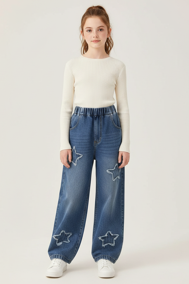 Pantalon Parachute Denim Étoiles Ample Fille - Bleu Jean