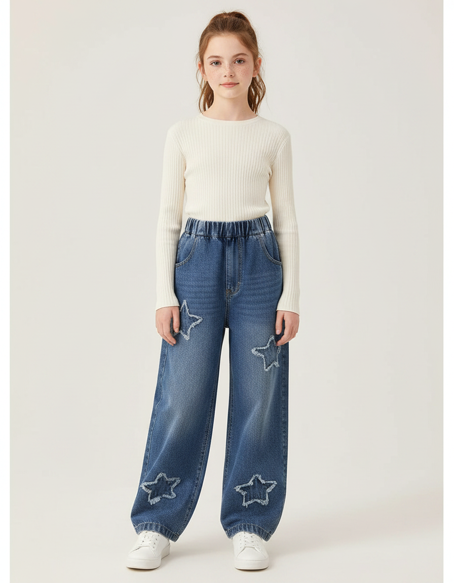 Pantalon Parachute Denim Étoiles Ample Fille - Bleu Jean