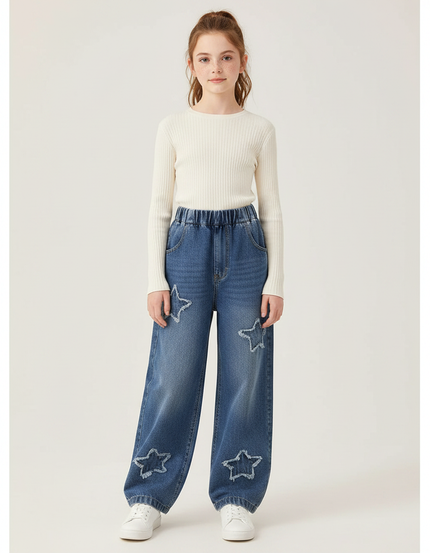 Pantalon Parachute Denim Étoiles Ample Fille - Bleu Jean