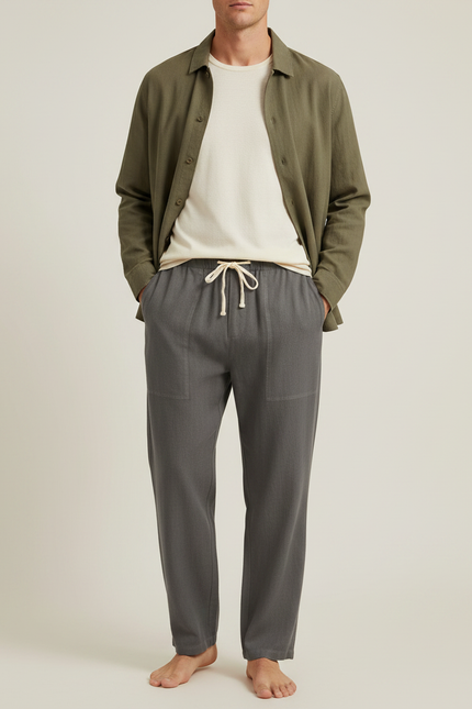 Pantalon Parachute Gris Coton Lin Ample Décontracté Homme