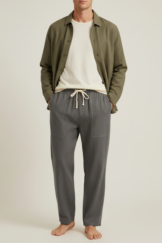 Pantalon Parachute Gris Coton Lin Ample Décontracté Homme