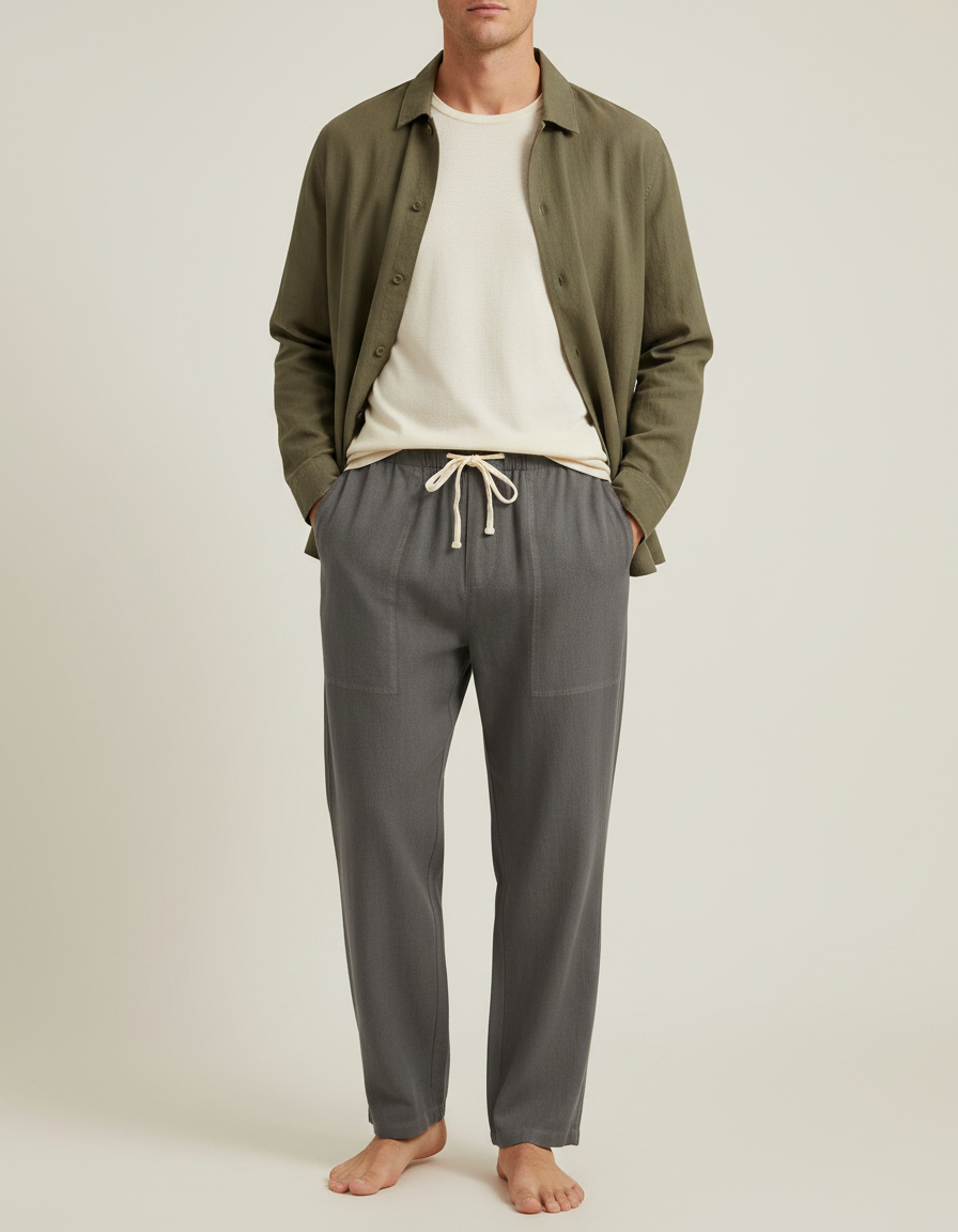 Pantalon Parachute Gris Coton Lin Ample Décontracté Homme