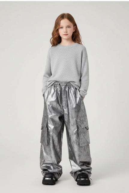 Pantalon Parachute Métallisé Cargo Ample Enfant Argenté - Simili cuir