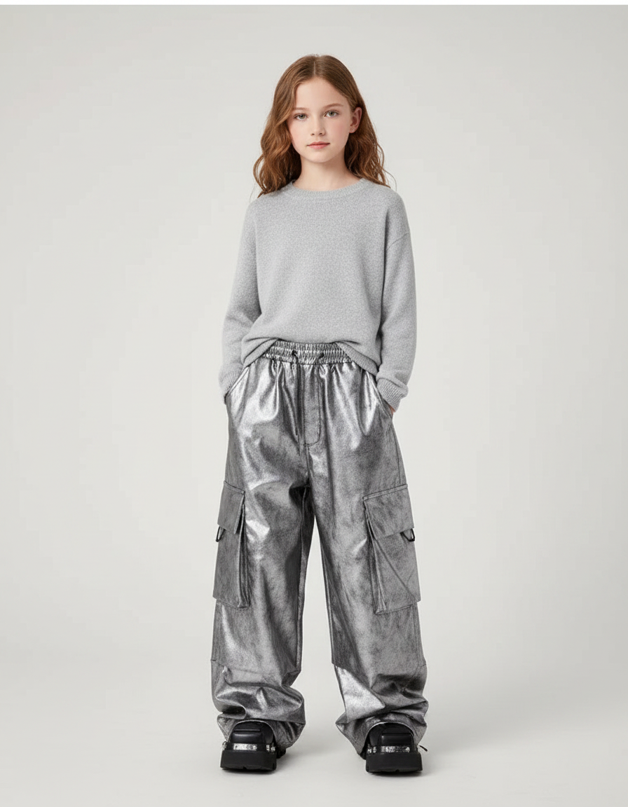 Pantalon Parachute Métallisé Cargo Ample Enfant Argenté - Simili cuir