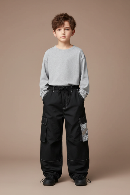 Pantalon Parachute Noir Cargo Ample Enfant Métallisé - Polyester