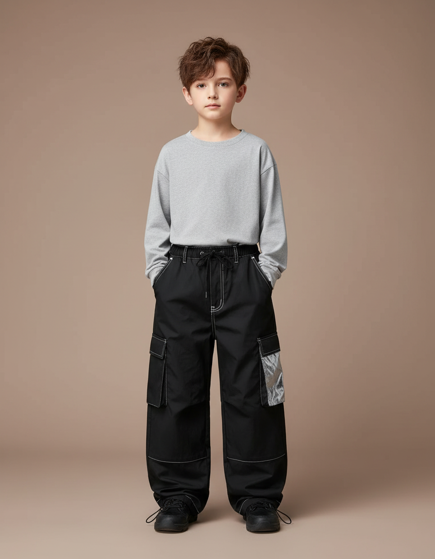 Pantalon Parachute Noir Cargo Ample Enfant Métallisé - Polyester