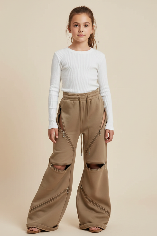 Pantalon Parachute Marron Ample Zippé Décontracté Enfant - Molleton