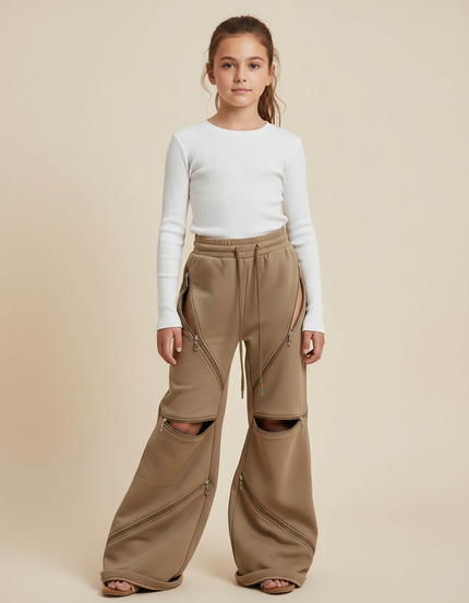 Pantalon Parachute Marron Ample Zippé Décontracté Enfant - Molleton