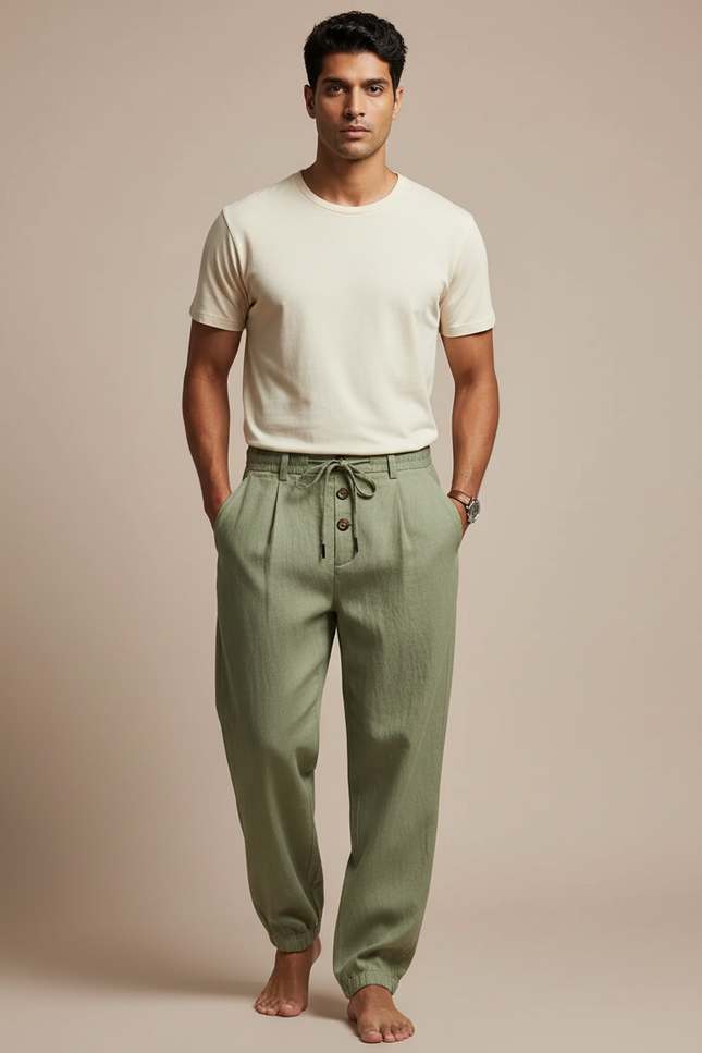 Pantalon Parachute Vert Lin Ample Homme Décontracté