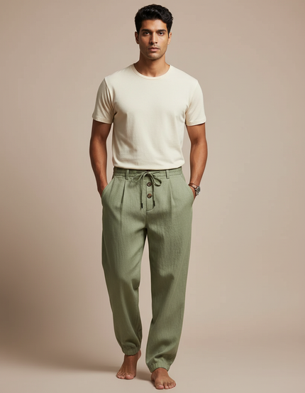 Pantalon Parachute Vert Lin Ample Homme Décontracté