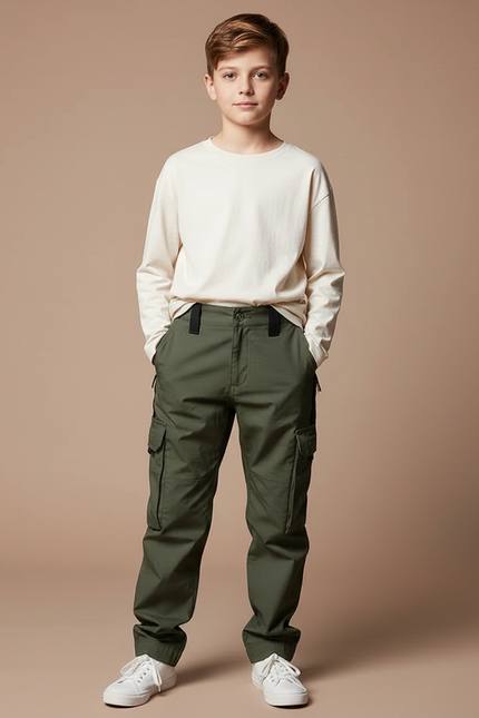 Pantalon Parachute Kaki Cargo Enfant Décontracté - Toile