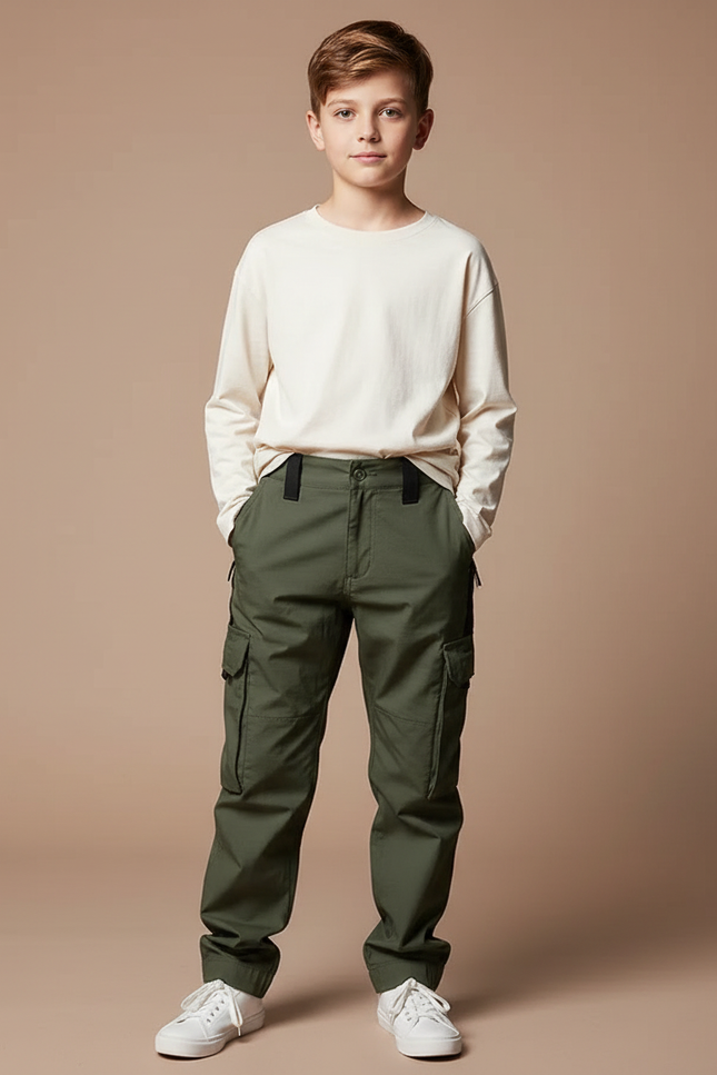 Pantalon Parachute Kaki Cargo Enfant Décontracté - Toile