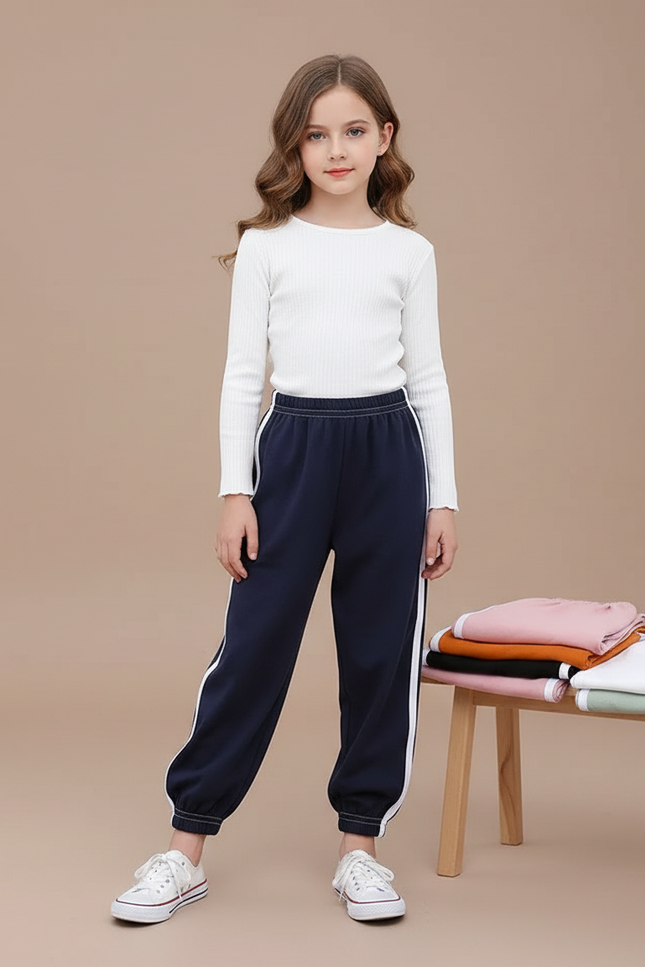 Pantalon Parachute Enfant Bleu Marine Rayures Blanches - Molleton