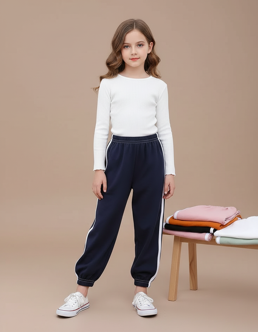 Pantalon Parachute Enfant Bleu Marine Rayures Blanches - Molleton