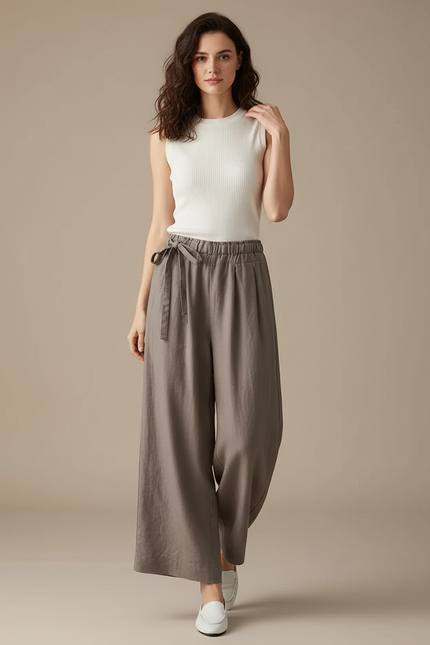 Pantalon Parachute Lin Ample Fluide Décontracté Femme - Gris