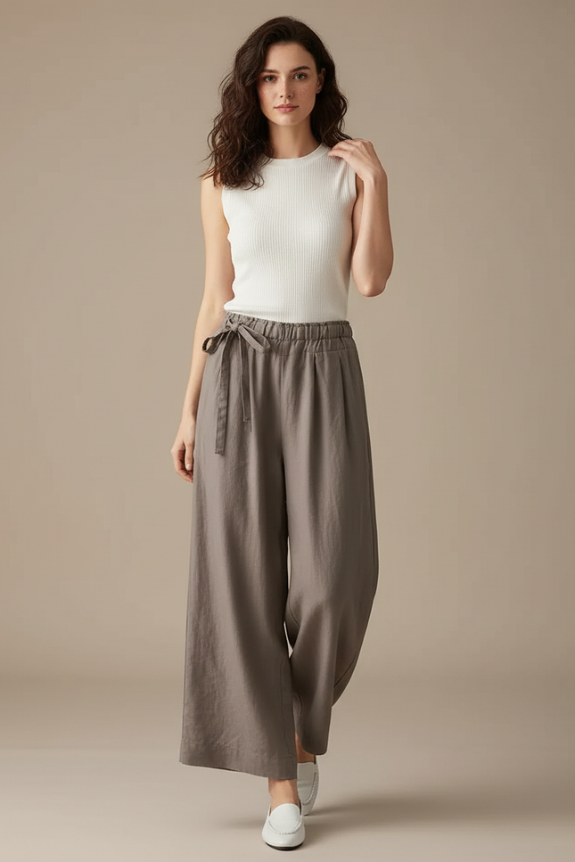 Pantalon Parachute Lin Ample Fluide Décontracté Femme - Gris