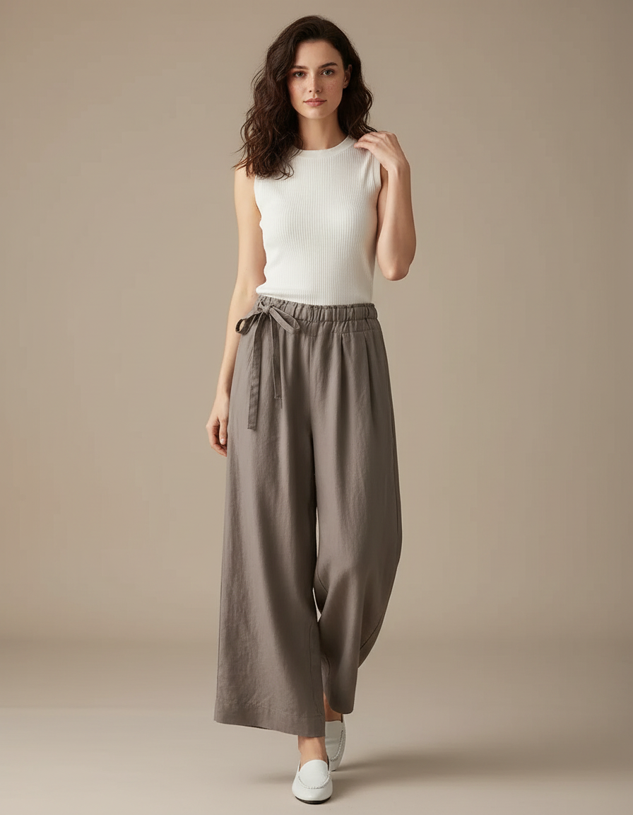 Pantalon Parachute Lin Ample Fluide Décontracté Femme - Gris